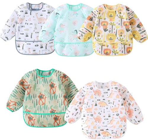 MistQin Long Sleeve Baby Bibs,5 Pcs,Waterproof Bibs with Sleeves,Lightweight Wearable Smock Bib 3-30 Months