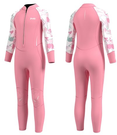 GoldFin Kids Wetsuit, Toddler Wetsuits Girls 2mm Neoprene Front Zip Fullbody Wet Suit Keep Warm in Cold Water Swimming Surfing Snorkeling Kayaking, Pink Size 6