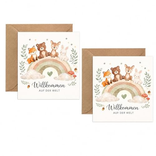 JOVYTH Biglietti Nascita con Busta Kraft, Lot de 2 Biglietti Auguri Neonato Pieghevoli per Baby Shower Unisex e Battesimo, Design Animali del Bosco
