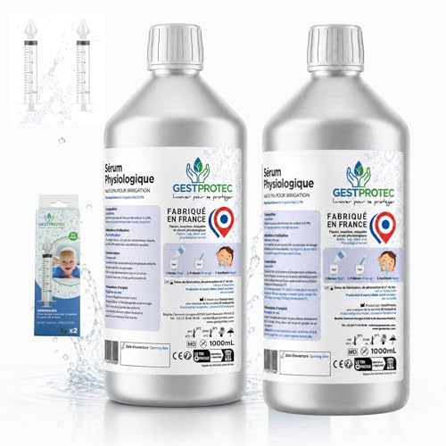 0,9 % fysiologiskt serum NaCl Gestprotec | 1 liters flaska x2 | Isoton saltlösning renat vatten | tvätt och bevattning extern näsa näsfosser | Fransk Labo spårbarhetsgaranti