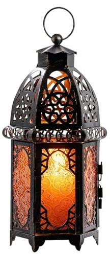 DECORKEY Vintage Large Size Decorative Ramadan Candle Lantern, 12.8’’ Metal Hanging&Tabletop Moroccan Lantern Candle Holder Decor, Halloween Christmas Decorations for Home Indoor Outdoor Patio (Amber)