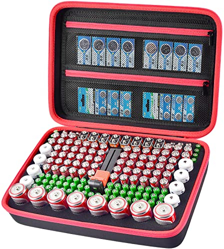 Batterie Aufbewahrungsbox, Batteriebox Organizer Tasche mit Batterietester Hält bis zu 162 Batterien Varietätspackungen AA AAA AAAA C D 9 V 3 V Lithium Rot - (nur Box)