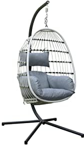 LC Garden Sunai Hängesessel mit Gestell • Bequemer Hängekorb Sessel • Rattan Hängesessel Indoor und Outdoor - Boho Egg Schaukel für Terrasse 160kg Tragkraft (weiß)