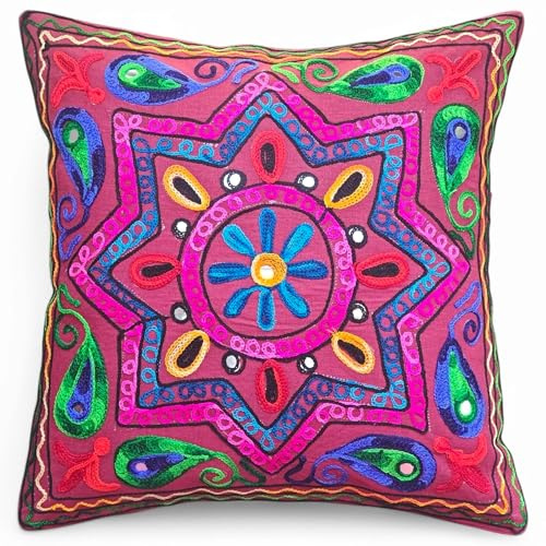 Original Kikan Funda de cojín estilo bohemio con diseño de estrella india Suzani, 40 x 40 cm, bordado multicolor de Suzani, 40,6 x 40,6 cm, fundas de cojín étnico, veganas y ecológicas, color marrón