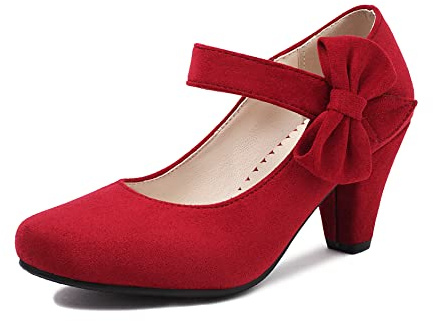 elerhythm Mary Jane Chaussures à talons vintage pour femme avec nœud Gatsby des années 1950 et bride de cheville victorienne en faux daim, rouge, 37 EU