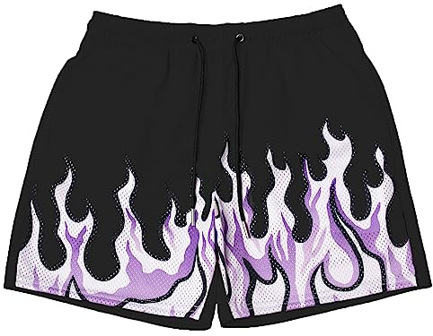 DIOTSR Mens Flame Graphic Basketball Shorts Cool Retro Running Athletic Shorts Drawstring Waist Casual Track Shorts (01 Flame-Black,Small)