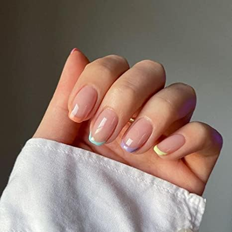 JUSTOTRY 24 unghie colorate rettangolari da incollare, corte con motivo perline, French Press on Nails con colla, Rainbow unghie finte per nail art, unghie artificiali quadrate, unghie artificiali da