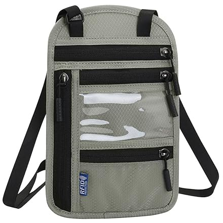 ZKSXOA Pochette Tour de Cou Voyage Bloqueur RFID Sac de Passeport pour Femme Homme Imperméable Porte-Passeport avec Bandoulière Réglable Portefeuille pour Argent Cartes Clés Éléphone Documents,Gris
