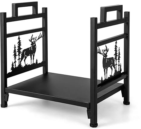 GYMAX Range Bûche Intérieur/Extérieur, Porte-Bûches en Métal, Support pour Rangement de Bois de Chauffage Charge 30 kg, avec Poignée Pratique et Pieds Surélevés, 46 x 33 x 46CM (Motif 2)