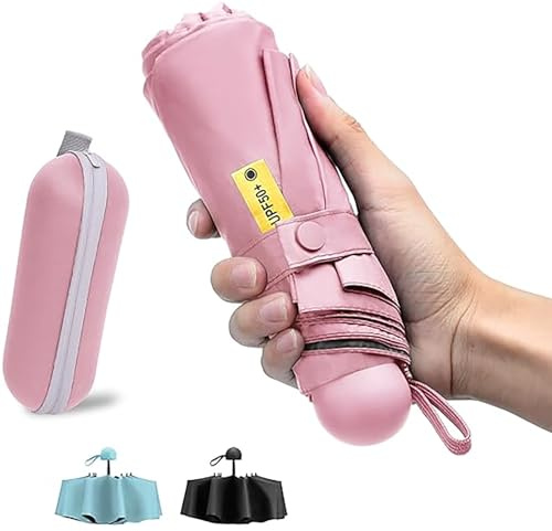 Shunshi Folding Travel Umbrella, 6 Ribs Folding Sun Anti-UV Windproof Rain Umbrella,Fast Dry,Portable Pocket Lightweight Small Compact Umbrella with Capsule Case for Men Women Teens(Pink)