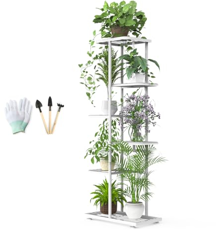MAIJIAJU Supporto per fiori a 6 ripiani, bianco con attrezzi da giardino e guanti, altezza 108 cm, in metallo, per interni ed esterni, a più piani, per giardino, balcone