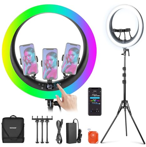 NEEWER 19 RGB LED Ring Light with Stand, 3 Phone Holders, Touch Panel, 2.4G/App Control, 42W CRI97+ 2800lux/0.5m 360° Hue Dimmable Professional Lighting for Makeup Live Streaming Zoom Calls, RP19C