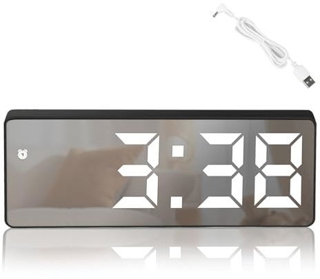 RISVOWO Sveglia Digitale, Orologio Digitale con Grande Schermo LED e Specchio, Orologio Digitale con Funzione Snooze, Alimentato da USB/Batteria, Snooze, Datetime (Specchi)