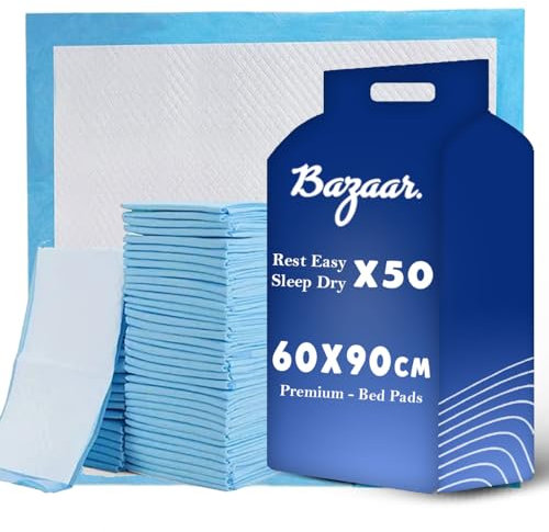 Bazaar 50 x Disposable Incontinence Bed Pads 90 x 60cm – Highly Absorbent Waterproof Bed Sheets for Adults, Elderly, Children & Babies – Bed Wetting Sheets & Bed Protectors for Mattress, Sofa & Chair