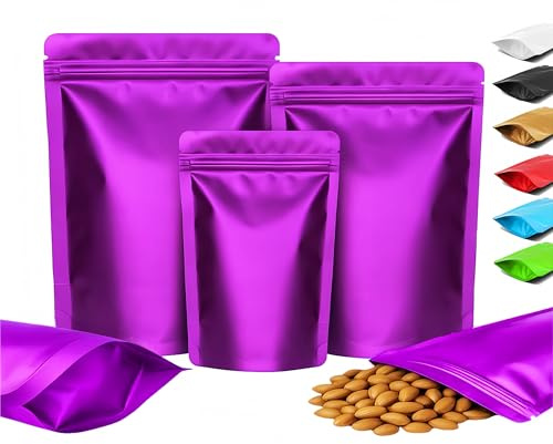Plaphy 100-pack Stående Aluminiumfolie Zippåsar Återförslutbara, Matta Färgade Stand up Ziplock Mylarpåsar, Lufttäta Doypack för Förpackning och Förvaring Livsmedel, Snacks, Godis (Lila, 12 x 20 cm)
