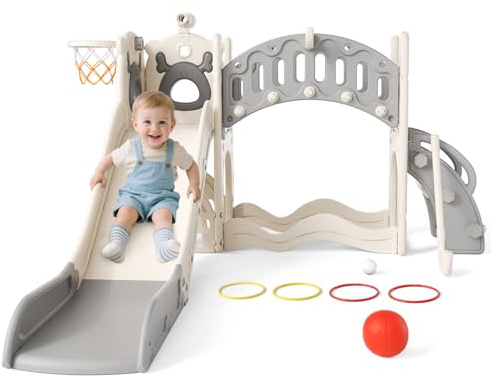 Scivolo per Bambini 8-in-1 con Ponte da Arrampicata – Set da Gioco Autonomo • Canestro, Lancio degli Anelli, Golf e Altro • Materiale Sicuro in HDPE • Interno & Esterno • Regalo di Natale o Compleanno