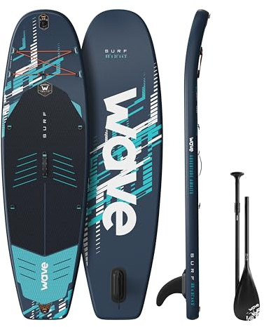 Wave Surf 3.0 8'6ft Inflatable Stand Up Paddle Board | Surf iSUP Package with Adjustable Paddle, Pump, Fin, Leash, Repair Kit & Backpack | Non-Slip Deck | Navy