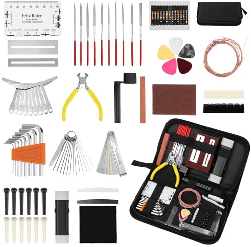 QWORK® Kit de Herramientas de Mantenimiento de Guitarra de 72 Piezas – Set de Reparación Profesional para Ajuste de Cuerdas, Entonación y Limpieza de Guitarra Acústica, Eléctrica, Bajo y Ukelele