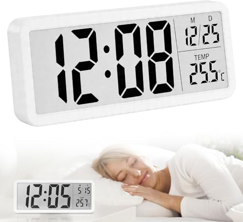 PORFOYO Horloge Murale Numérique, Horloge Digitale, Réveil Numérique, Horloge De Table Horloge Numérique avec Température Et Humidité, Date, pour Salon, Chambre, Bureau - Blanc