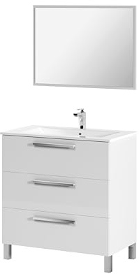 ARKITMOBEL Mueble de Baño Athena con 3 Cajones y Espejo, Módulo de Lavabo con Patas, Color Blanco Brillo, Medidas: 80x86x45 cm (Lavabo No Incluido)