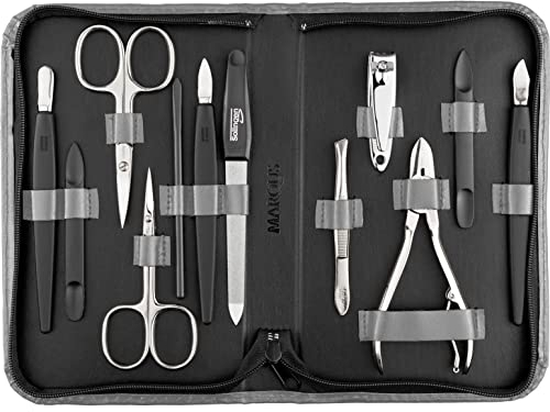 marQus Solingen Mega Maniküre Pediküre Set 12 Teile - Nageletui für Herren und Damen mit allem was man für die Nagelpflege braucht, in hochwertigem Echt-Leder Etui, Grau