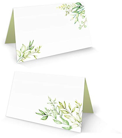 Cartoncini segnaposto tavolo con foglie verdi, Set di 100: biglietti personalizzati matrimonio, comunione, battesimo, compleanno, cartellini eleganti per feste primavera estate, 8,5 x 5,5 cm