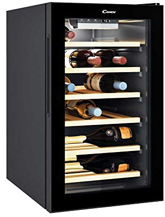 Candy DiVino Cwc 021 Elsp Cantinetta Vino Piccola, 21 Bottiglie, Luci a LED e Trattamento anti UV, Ripiani in Legno, Porta Reversibile, 39 dBa, Libera Installazione, 40x54x69.5 cm, Nero