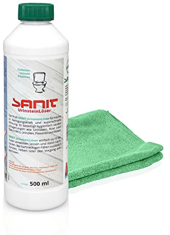 Sanit Urinsteinlöser 500ml Reinigungskraft, Sauberkeit und Hygiene im Bad, inklusive kör4u Mikrofasertuch grün
