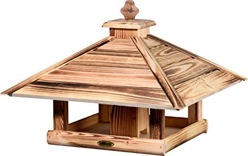dobar® Green Label 18008FSCe Großes Vogelfutterhaus Lumbre - Futterhaus aus Holz - Futterstation zum Hängen - Wildvogelfutterplatz - 50 x 50 x 36 cm - Geflammt - Für Ständermontage