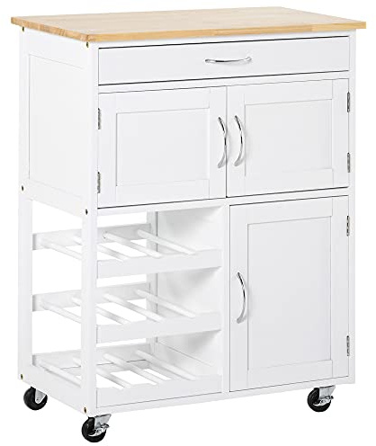 HOMCOM Carrello da Cucina con 9 Portabottiglie, 3 Ante, 4 Ruote e Cassetto, Mobiletto Cucina Salvaspazio con Piano in Legno di Gomma, per Soggiorno, 67x37x87 cm, Bianco e Rovere