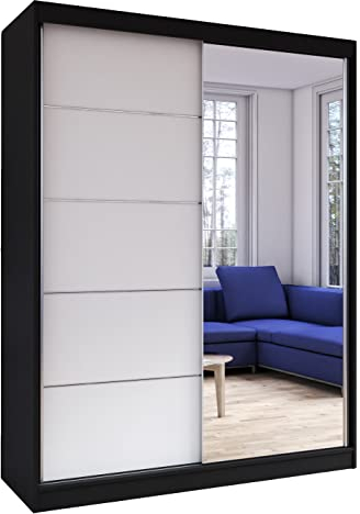 Fabryka Mebli Idźczak Kleiderschrank mit Spiegel, Schiebetüren - Schwebetürenschrank, Schlafzimmerschrank - 61 x 150 x 200 cm - Schrank für Schlafzimmer, Ankleidezimmer, Garderobe - Schwarz, Weiß