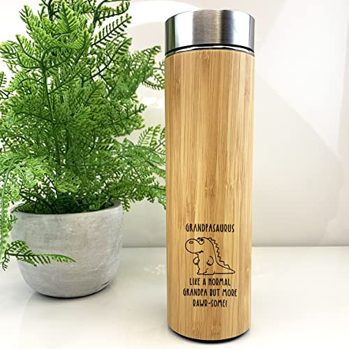 eBuyGB Grandpaurus Wood Travel Flask, Dinosaur Travel Mug, 500ml Coffee Tea Cup, Grandpa Birthday Gift, Present for Grandad