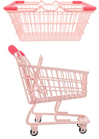 LUOZZY Mini Dollhouse Shopping Cart & Basket for Kids Small Supermarket Handcart Grocery Basket Storage Toy Pretend Play Toy for Boys Girls Toddlers, Pink - 5.31×3.74×5.9inch/7.48×5.31×3.54inch