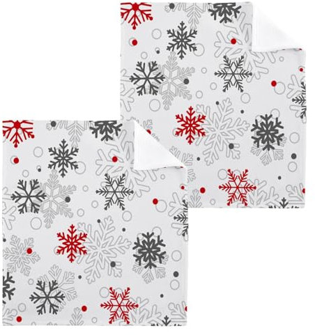 ISAOA Waschlappen Handtuch für Badezimmer, Spa, Hotel, Fitnessstudio, Weihnachten, rote und graue Schneeflocken, Baumwolle, Gästehandtücher, Waschlappen, saugfähig, schnell trocknend, 2 Stück