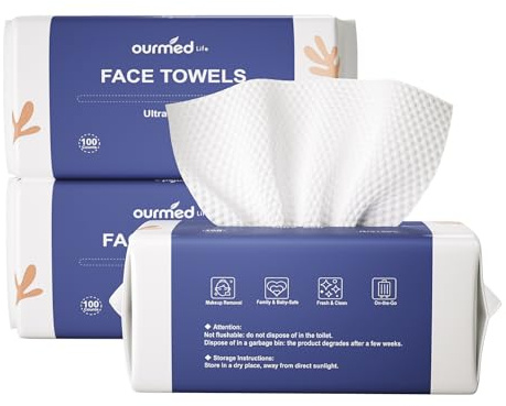 Ourmed Life Face Towels, Disposable Biodegradable Clean Facial Towels for Sensitive Skin, Lint- free Face Cloths for Makeup Remover, Skincare and Women Cleaning, Dry Wipes,300 Count Dot Texture