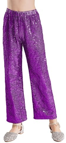 HULIJA Mädchen Glänzend Tanzhose Lang Schlaghose Sweatpants Pailletten Hose Trainingleggings Balletthose Party Wettbewerb Tanzkleidung Lila 146-152