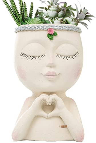 Pot de fleurs avec tête de visage - Pot de fleurs pour plantes succulentes - Pour fille - Pot de fleurs avec drain en résine - Tête de visage - Vase pour l'intérieur ou l'extérieur - Décoratif