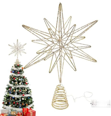 Weihnachtsbaumspitze Stern, 32cm Beleuchtete Christbaumspitze Stern, Gold Funkelnde Baumspitze Weihnachten Stern mit LED Licht Batteriebetrieb für Weihnachten Dekoration Weihnachtsbaumschmuck