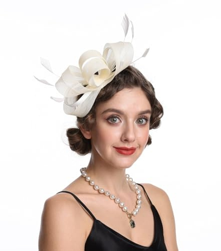 Haoijng Fascinators Hat for Women Cocktail Tea Party Headwear Flower Mesh Ribbon Feathers Headband (UK, Alpha, M, B2-Beige)