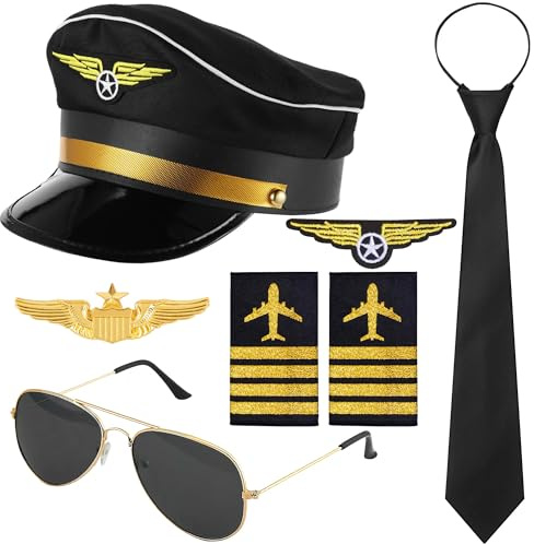 Horolam Accessori per costume da capitano pilota, kit con cappello da capitano pilota, spilla, distintivo, spalline, occhiali da sole, per adulti e uomini, per feste e travestimenti (7 pezzi)