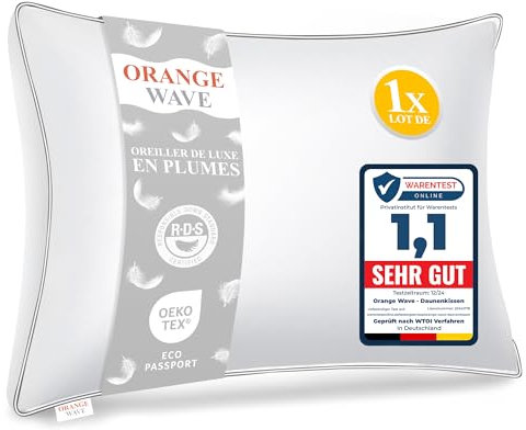 Orange Wave Almohada de Plumón 50x70 cm, Almohadas de Cama, 3 cámaras, Certificada RDS y Oeko-Tex, Transpirable y Antialérgica, Almohada de Calidad Hotelera, Lavable a Máquina