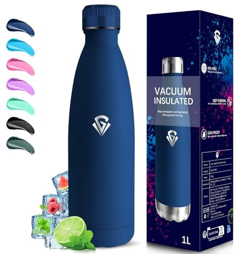 Grsta Borraccia Termica, Borraccia 1 litro, Senza BPA, Borraccie Acciaio Inox, Senza Perdite, Borraccie Metallo, Acciaio Inossidabile 18/8, per Campeggio, Fitness, Yoga, Corsa, Escursionismo