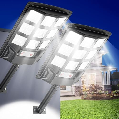 SENDALE 2 Pezzi Lampione Solare Led Esterno da 300W con Telecomando|Faretto Led da Esterno Solare 6500K con Sensore di Movimento|IP67 Impermeabile lampioni solari a led da esterno per Garage