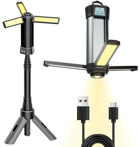 Versatile Camping Lamp with 6000mAh Battery – Super Bright 2000 Lumens Searchlight with Extendable Tripod, Rechargeable Wireless Work Light with 10 Lighting Modes, for Camping,Hiking,Car Repairs