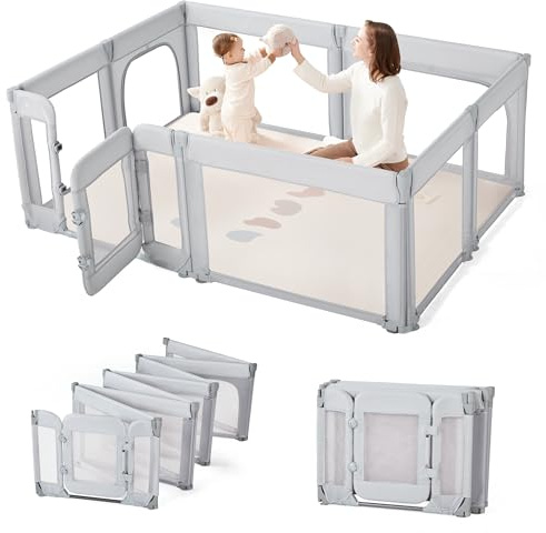 Sweeby Foldable Baby Playpen, 79x71 Playpens for Babies and Toddlers Extra Large Play Yard with Door Baby Fence with Gate and Indoor & Outdoor Play Pen,LightGrey