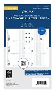 Filofax Kalender Personal 1 Woche auf 2 Seiten. horizontal (deutsch)2026