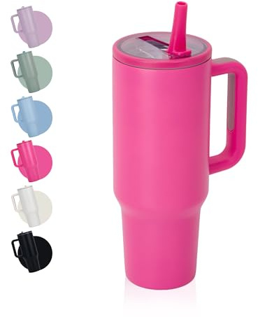 CherryKelly 40oz (1200ml) Tumbler with Handle & Flip Straw | Stainless Steel Travel Coffee Mug | Insulated Thermal Cup | Hot & Cold Drinks Water Bottle | BPA-Free - Rose Red