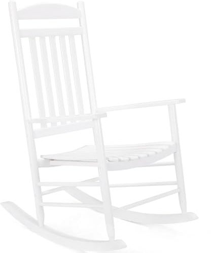 Clevich Sedia a dondolo in legno massello per interni ed esterni, schienale alto, facile da montare, per balcone/veranda (bianco, 69 x 87 x 112 cm)