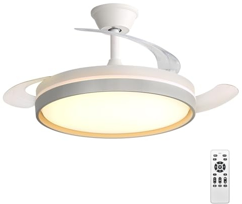 Ventilador de Techo con Luz LED 60W, con Mando a Distancia, Ø42in, temporizador, 6 velocidades, aspas retráctiles, 3 temperaturas de luz, función verano-invierno, 5600LM，Blanco minimalista moderno