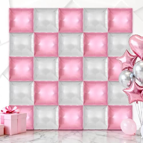 25 Pcs Square Balloons, Metallic Square Foil Balloons Wall Backdrop, Double Sided Mylar Balloons Tunnel Arch Kit for Anniversary Wedding Birthday Baby Shower Party Decorations (Pink and Silver)